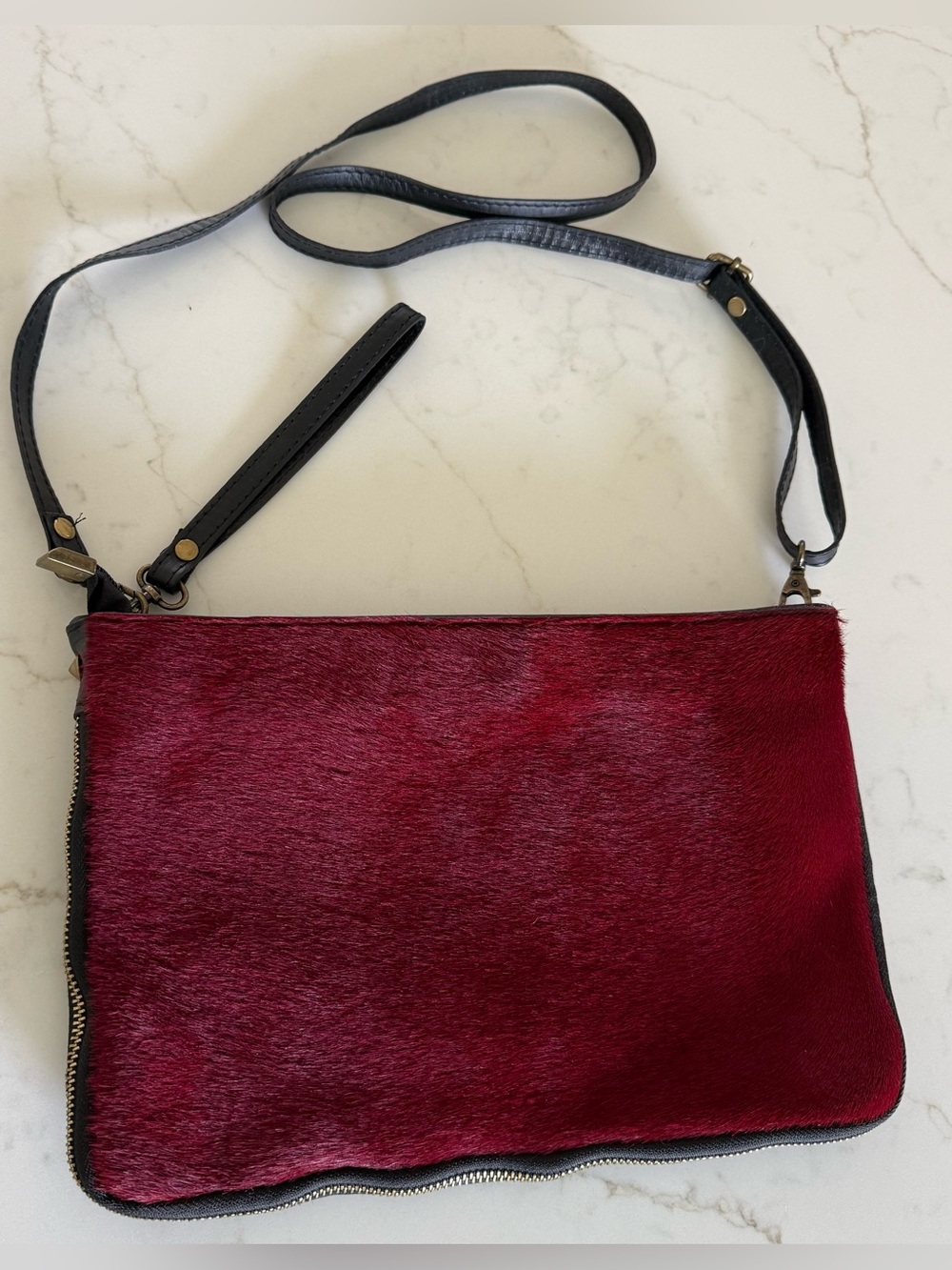 Made in Italy Red Cowhide Hair On Hide Leather Crossbody Bag Purse Black